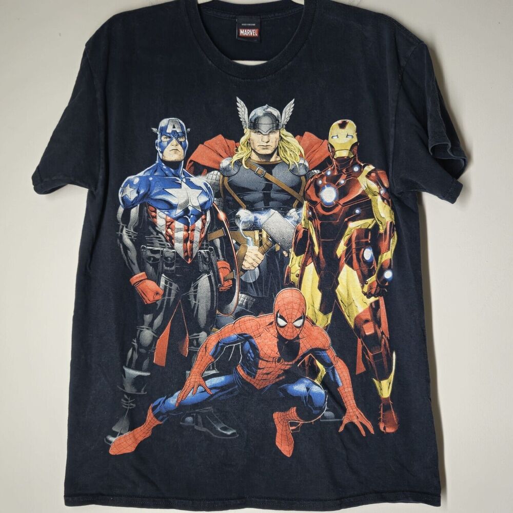 Vintage Marvel T Shirt Men's Small Black Mad Engine Spider-Man Captain America